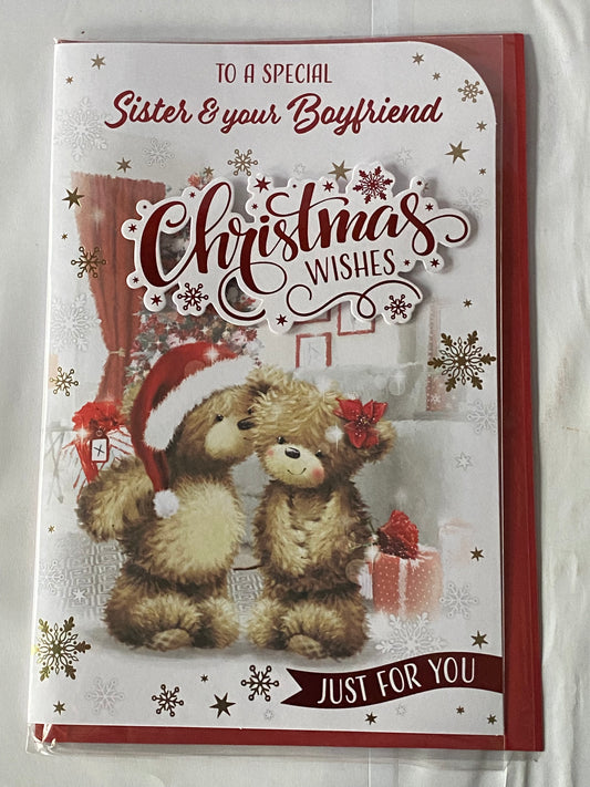 To A Special Sister & Your Boyfriend Christmas Wishes Just For You Christmas Card Teddies/Present/Red Flower(PRELUDE46922)