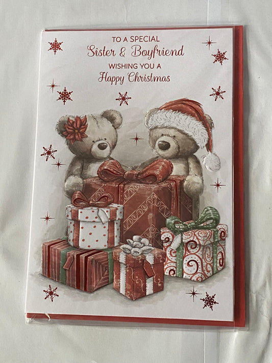 To A Special Sister & Boyfriend Wishing You A Happy Christmas Card Grey/Red Teddies/Presents(PRESTIGE42704)