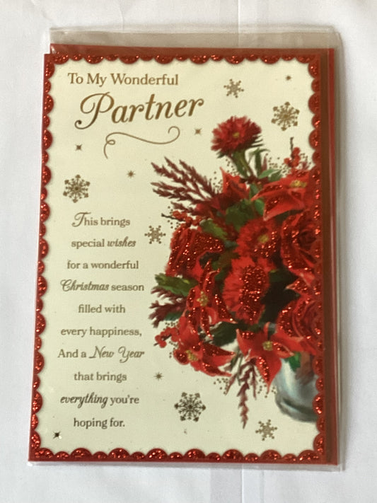 To My Wonderful Partner Christmas Card Red Flowers/Gold Words(PH48356A)