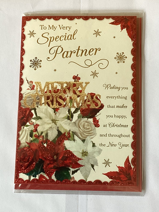 To My Very Special Partner Christmas Card Red+White Flowers/Gold Words(PH48356B)