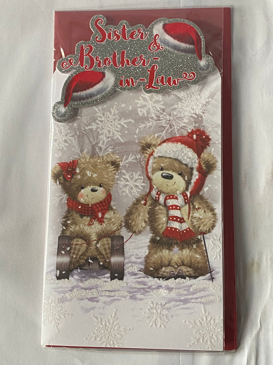 Sister & Brother-In-Law Christmas Card Teddies/Sledge/Santa Hats(PRELUDE44928-3)