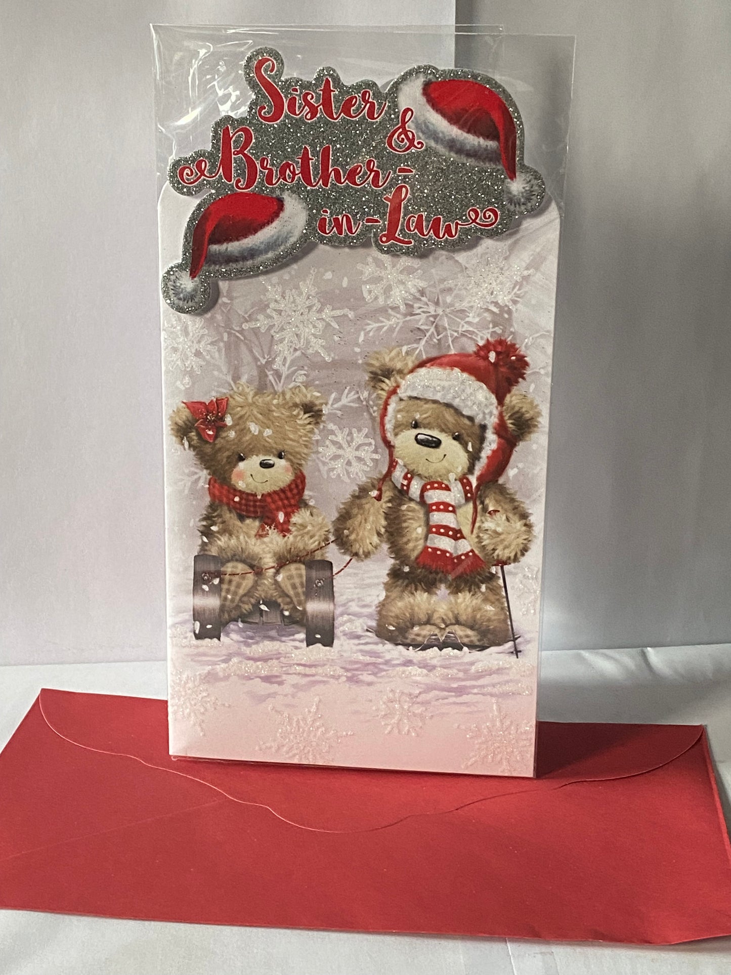 Sister & Brother-In-Law Christmas Card Teddies/Sledge/Santa Hats(PRELUDE44928-3)