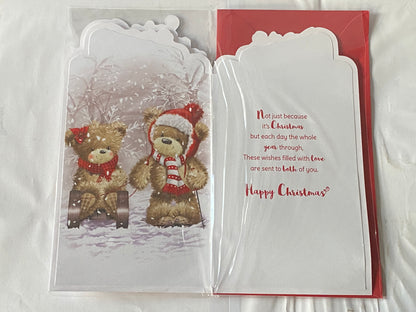 Sister & Brother-In-Law Christmas Card Teddies/Sledge/Santa Hats(PRELUDE44928-3)