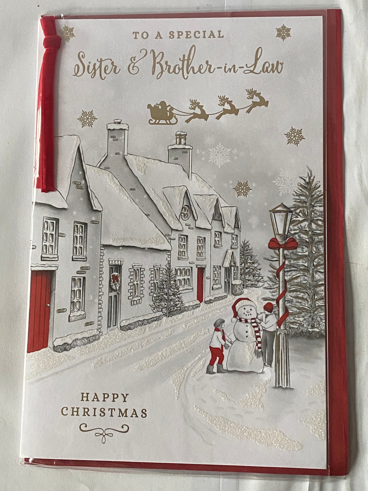 To A Special Sister & Brother-In-Law Happy Christmas Card Grey/Red/Gold Snowman/Houses(PRELUDE46237)