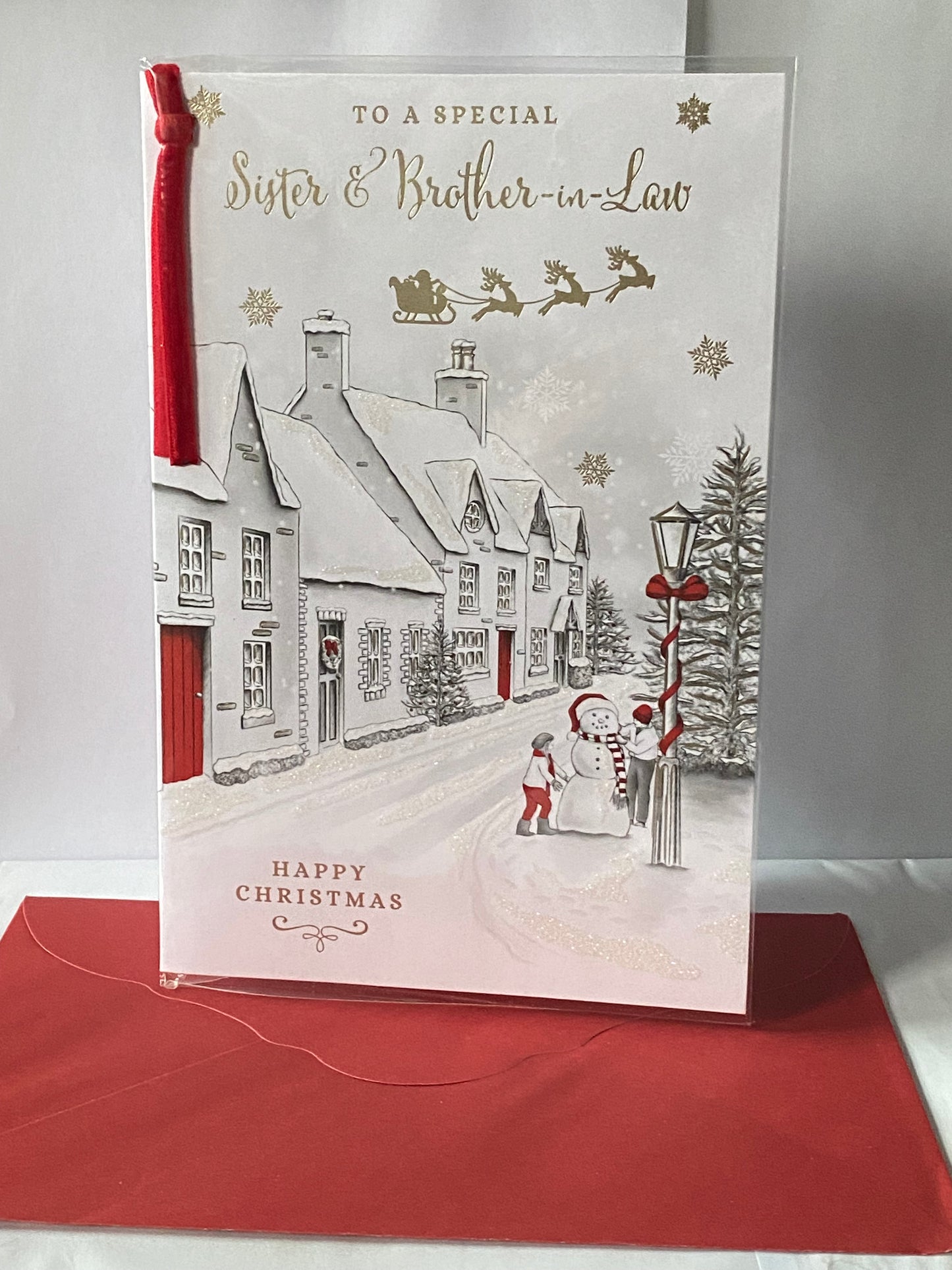 To A Special Sister & Brother-In-Law Happy Christmas Card Grey/Red/Gold Snowman/Houses(PRELUDE46237)