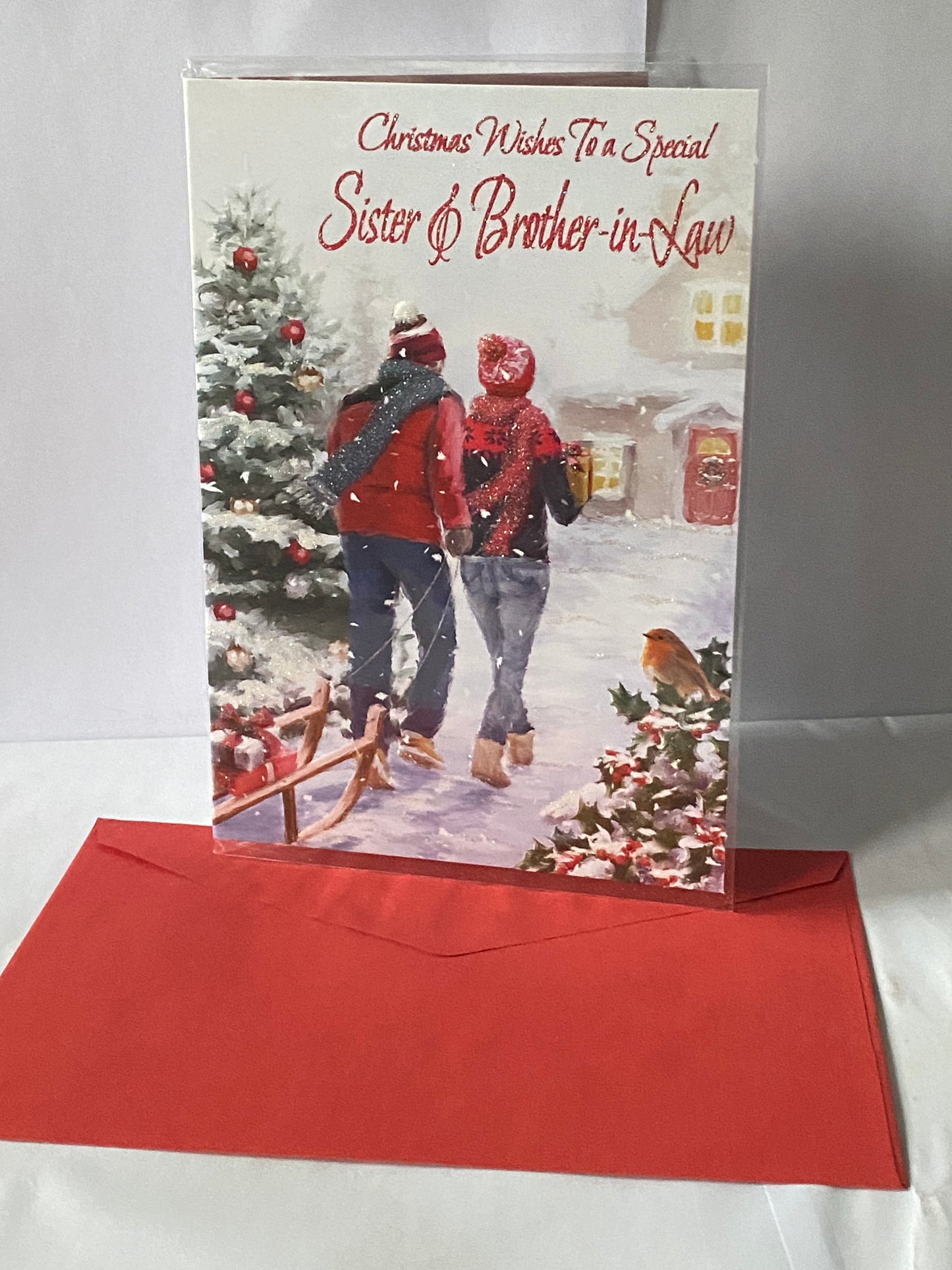 Christmas Wishes To A Special Sister & Brother-In-Law Christmas Card Couple/Tree/Sledge Glitter Detail(SXC50-996B)