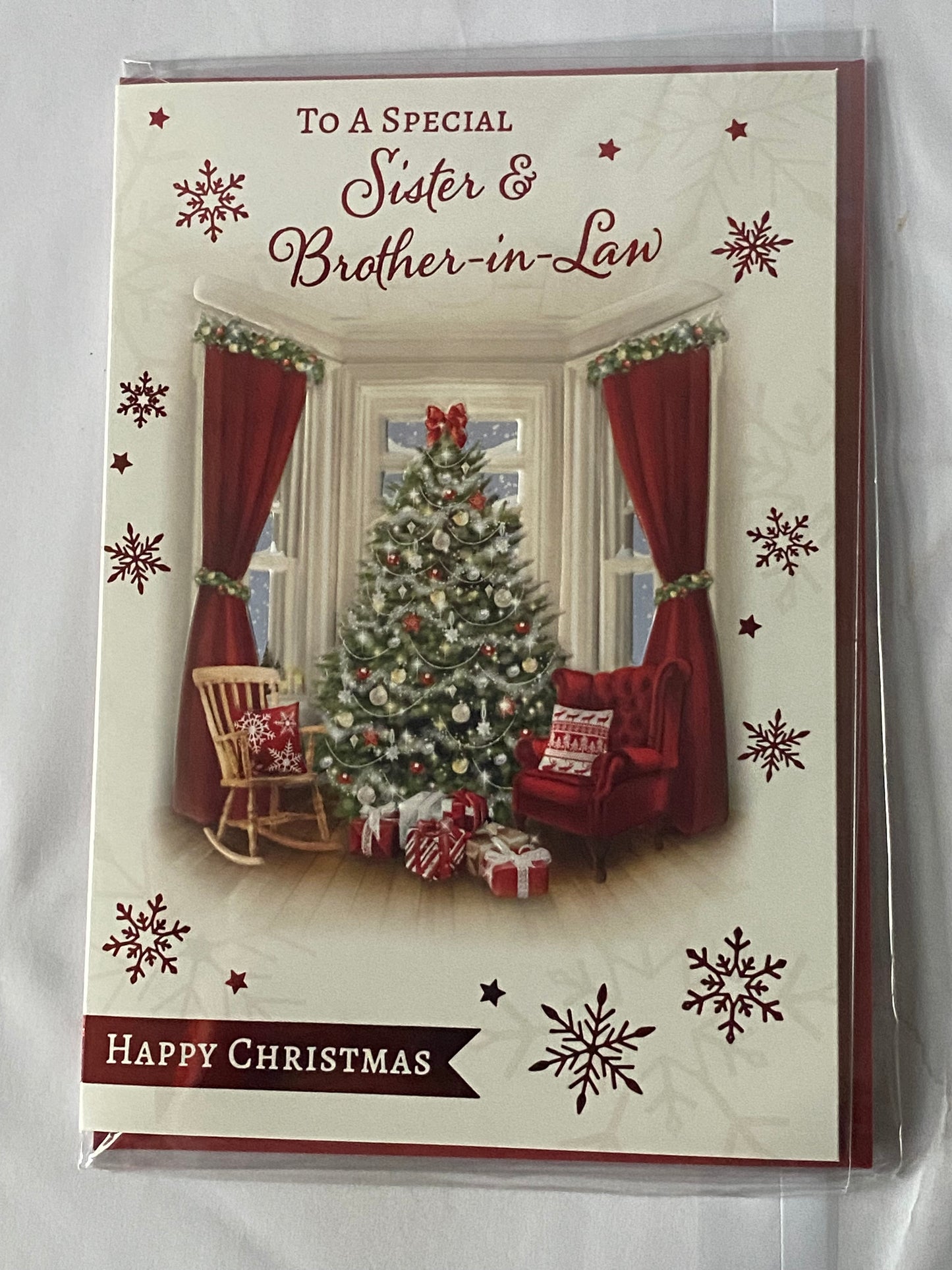 To A Special Sister & Brother-In-Law Happy Christmas Card Christmas Tree/Window/Chairs Foil Detail(PH46329A)