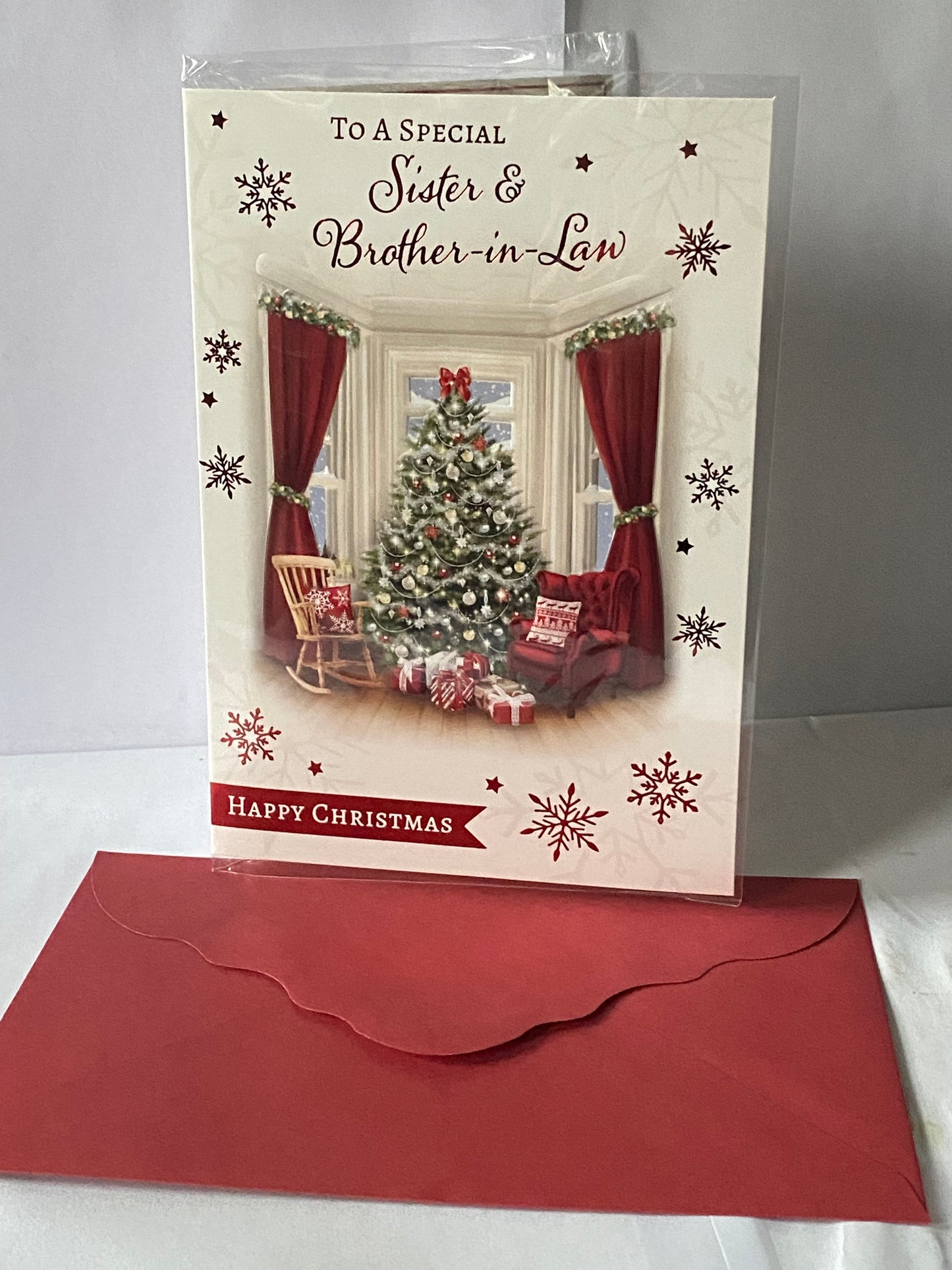 To A Special Sister & Brother-In-Law Happy Christmas Card Christmas Tree/Window/Chairs Foil Detail(PH46329A)