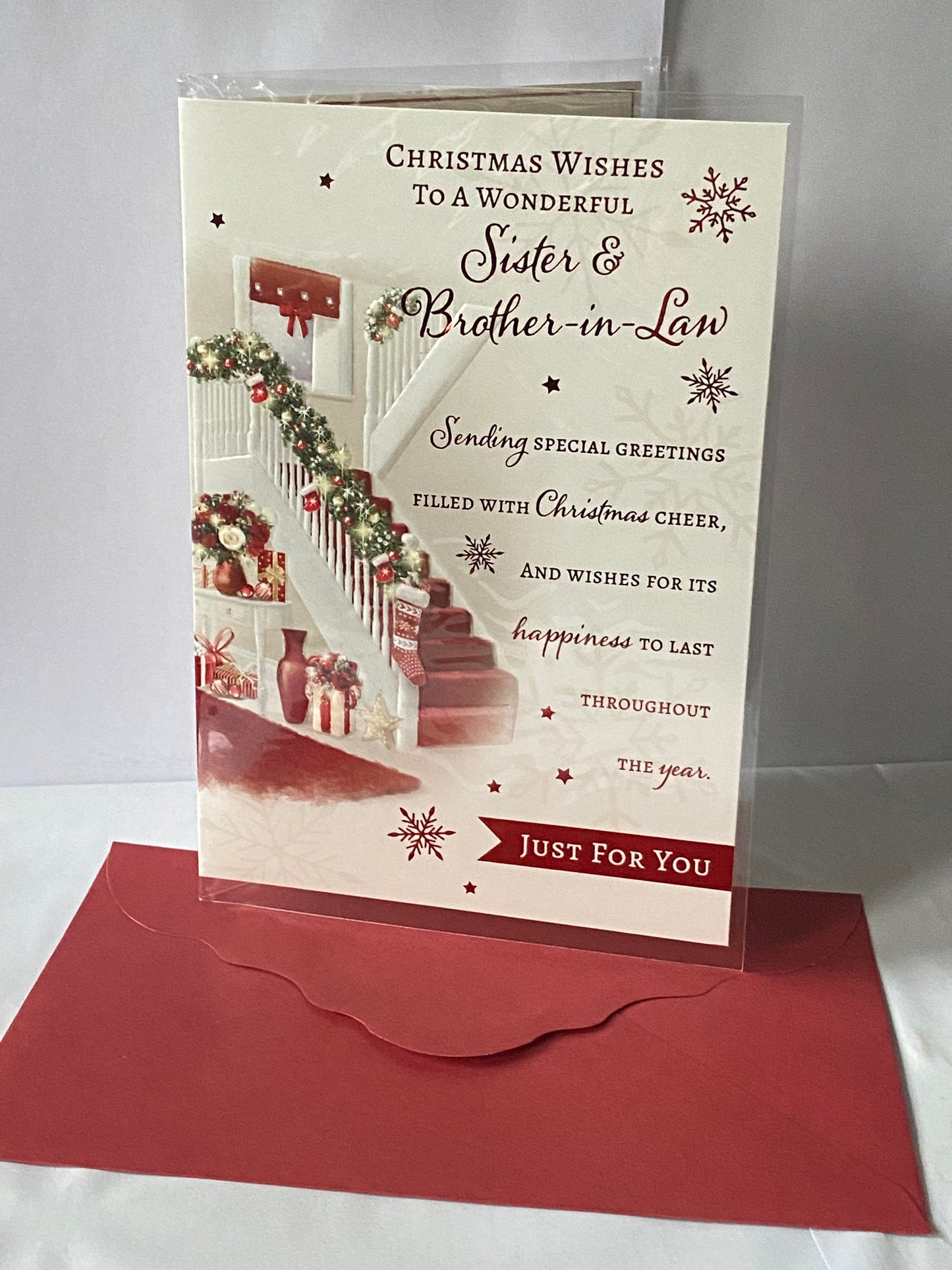 Christmas Wishes To A Wonderful Sister & Brother-In-Law Christmas Card Staircase/Garland/Red Words Foil Detail(PH46329B)