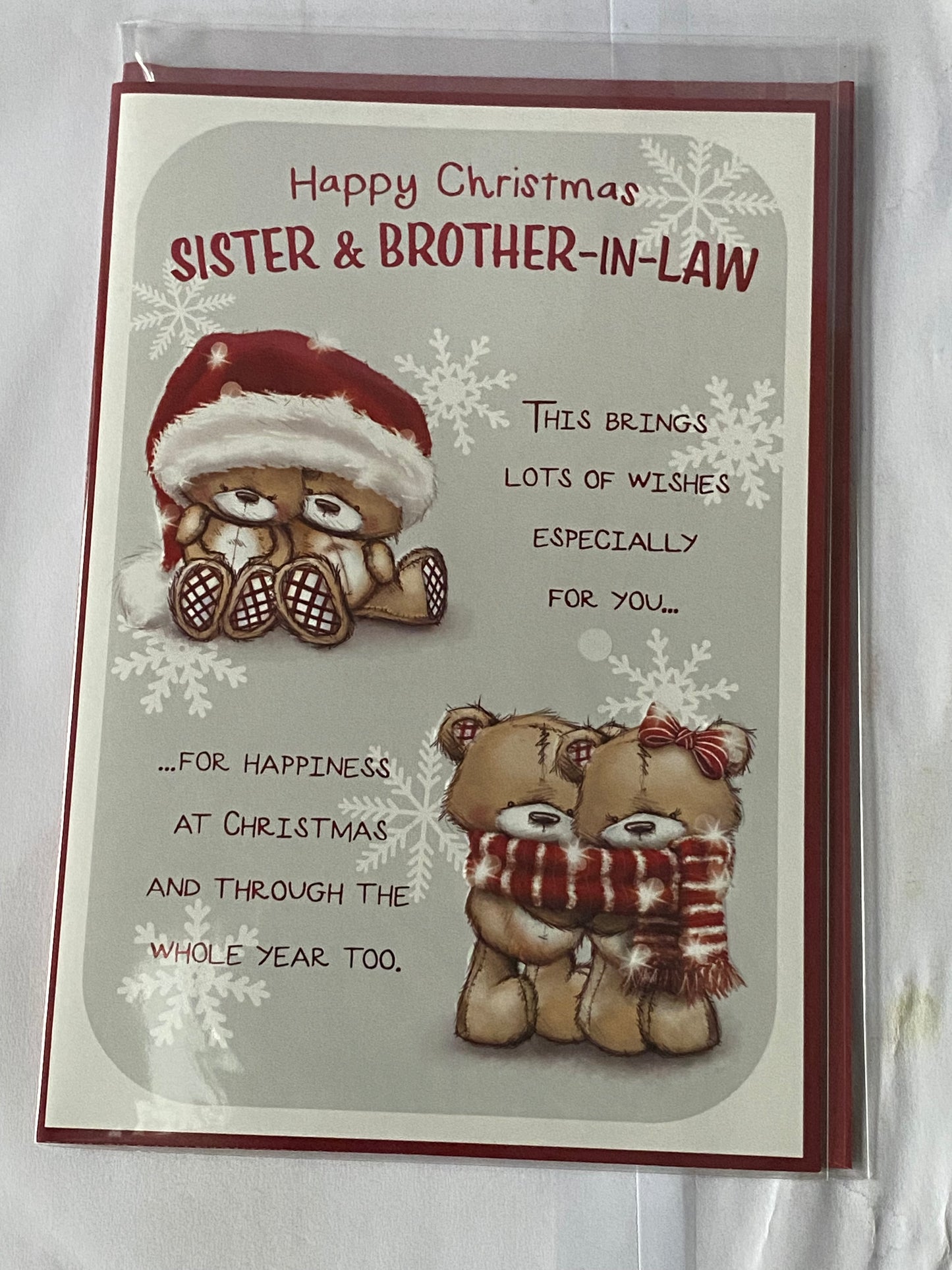 Happy Christmas Sister & Brother-In-Law Christmas Card Teddies/Santa Hat/Scarfe/Red Words(PH46996B)