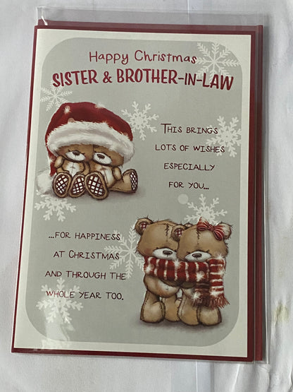 Happy Christmas Sister & Brother-In-Law Christmas Card Teddies/Santa Hat/Scarfe/Red Words(PH46996B)