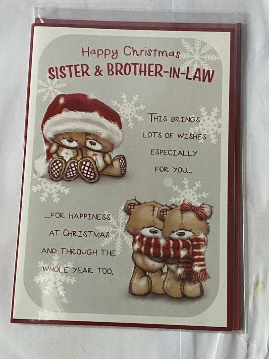 Happy Christmas Sister & Brother-In-Law Christmas Card Teddies/Santa Hat/Scarfe/Red Words(PH46996B)