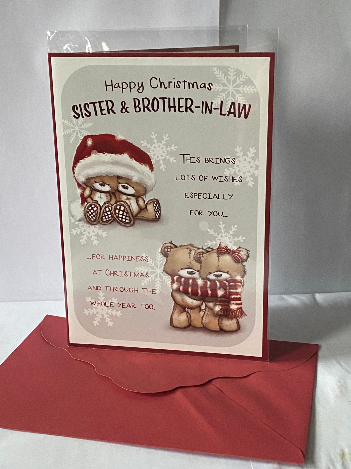 Happy Christmas Sister & Brother-In-Law Christmas Card Teddies/Santa Hat/Scarfe/Red Words(PH46996B)