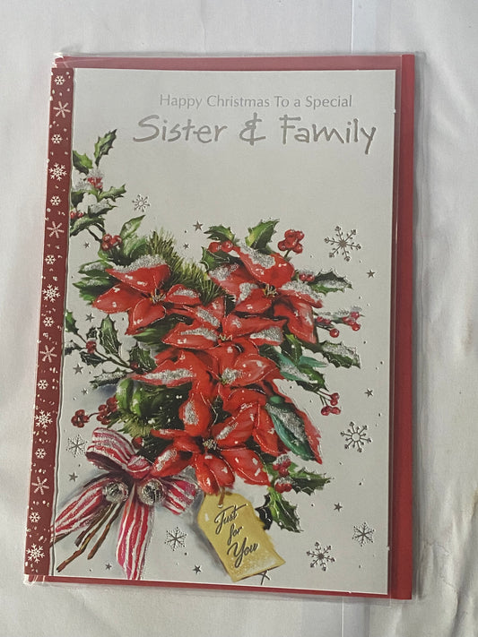 Happy Christmas To A Special Sister & Family Just For You Christmas Card Red Flower Bouquet(SXC50-1013A)