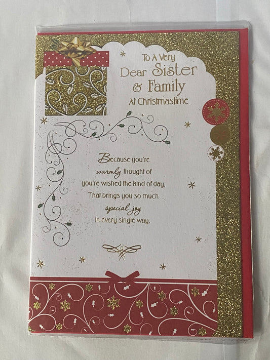 To A Very Dear Sister & Family At Christmastime Christmas Card Gold Present/Gold Words(KI34966A)