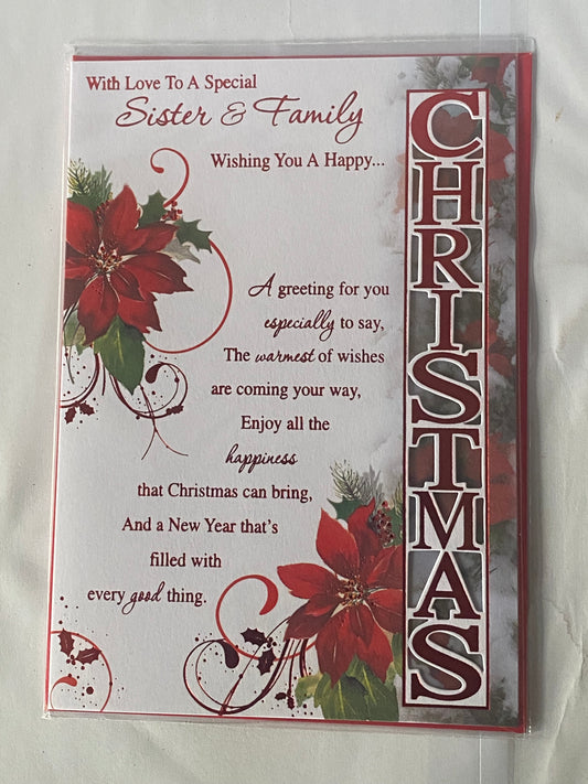 With Love To A Special Sister & Family Wishing You A Happy Christmas Card Red Flowers/Red Words(KI34938A)