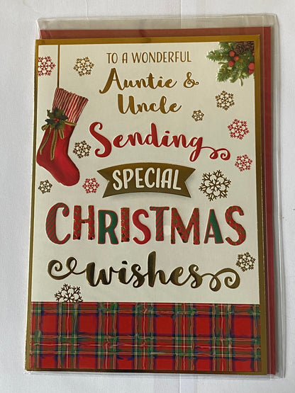 To A Wonderful Auntie & Uncle Sending Special Christmas Wishes Christmas Card Tartan/Words/Stocking(NC-VX050B)