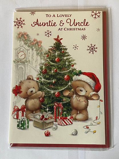 To A Lovely Auntie & Uncle At Christmas Card Teddies Decorating Christmas Tree(NC-VX106A)