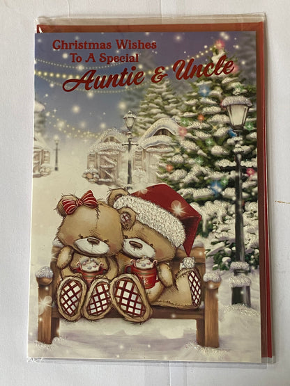 Christmas Wishes To A Special Auntie & Uncle Christmas Card Teddies/Hot Chocolates/Bench(PH48360B)