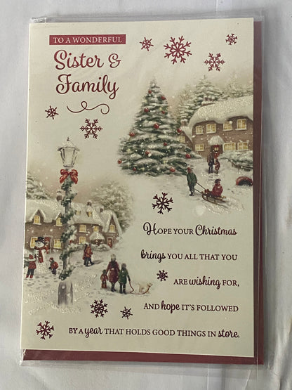 To A Wonderful Sister & Family Christmas Card Houses/People/Red Words(PH46334A)