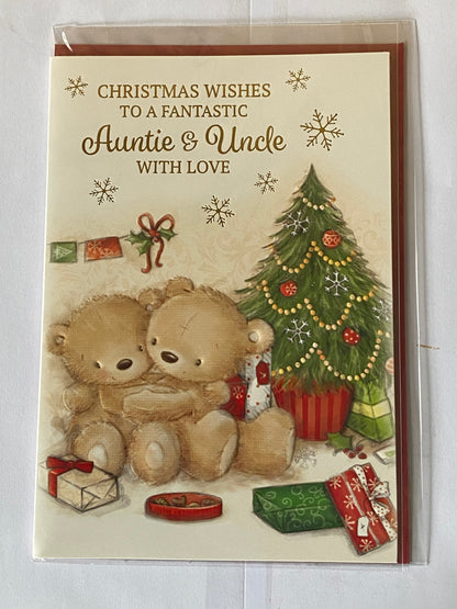 Christmas Wishes to A Fantastic Auntie & Uncle With Love Christmas Card Teddies Hugging/Tree/Presents/Chocolates(NC-VX067A)