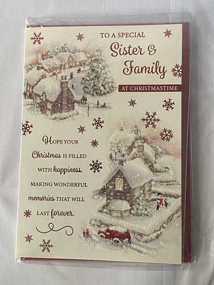 To A Special Sister & Family At Christmastime Christmas Card Houses/People/Van/Red Words(PH46334B)