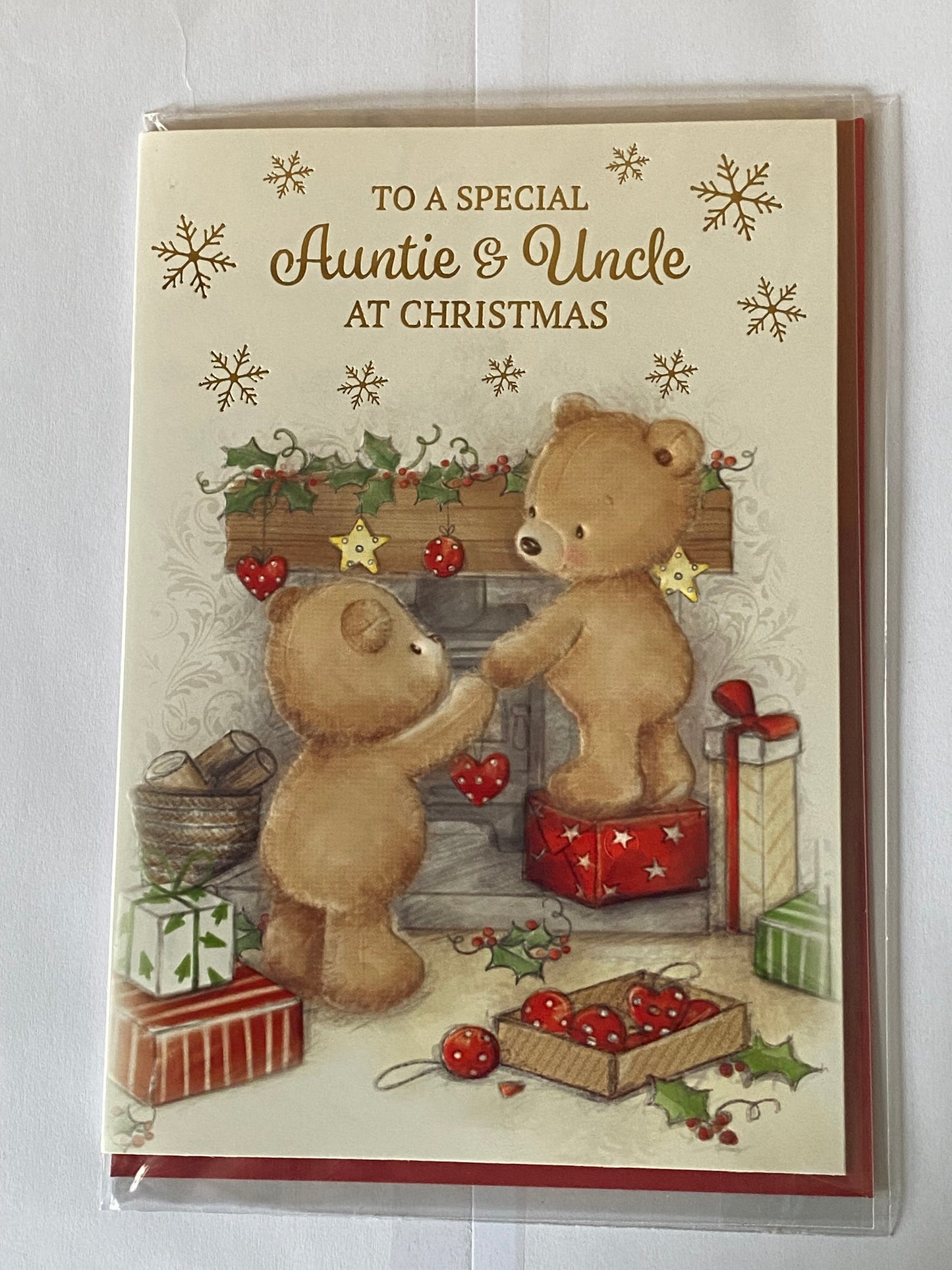 To A Special Auntie & Uncle At Christmas Card Teddies Decorating Fireplace(NC-VX067B)