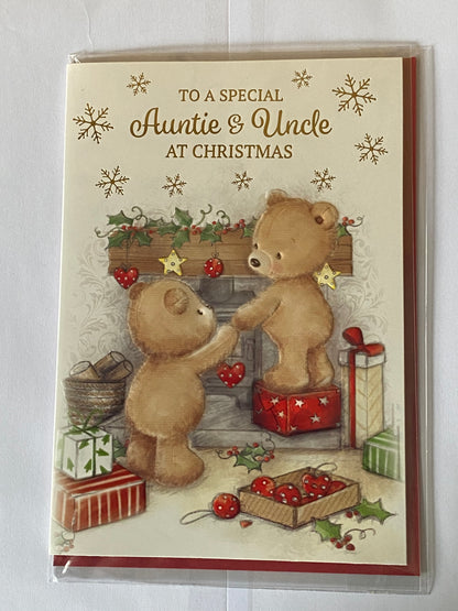 To A Special Auntie & Uncle At Christmas Card Teddies Decorating Fireplace(NC-VX067B)