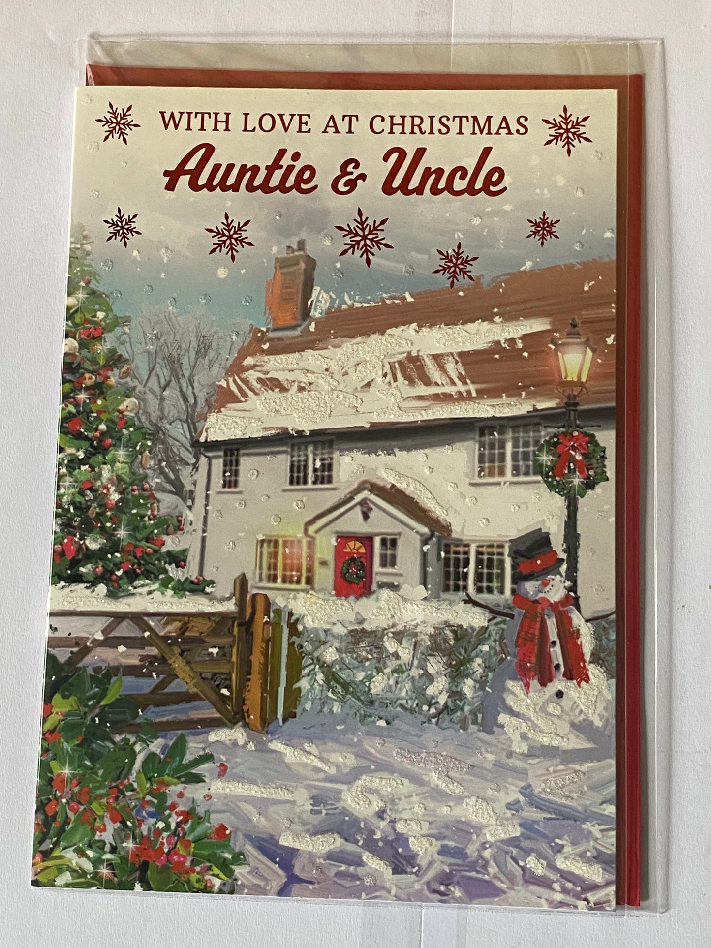 With Love At Christmas Auntie & Uncle Christmas Card Winter Scene/House/Snowman(NC-VX129A)