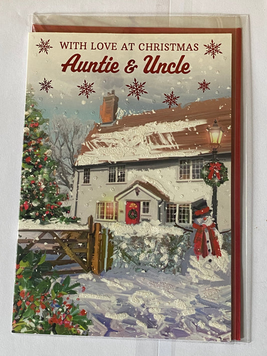 With Love At Christmas Auntie & Uncle Christmas Card Winter Scene/House/Snowman(NC-VX129A)