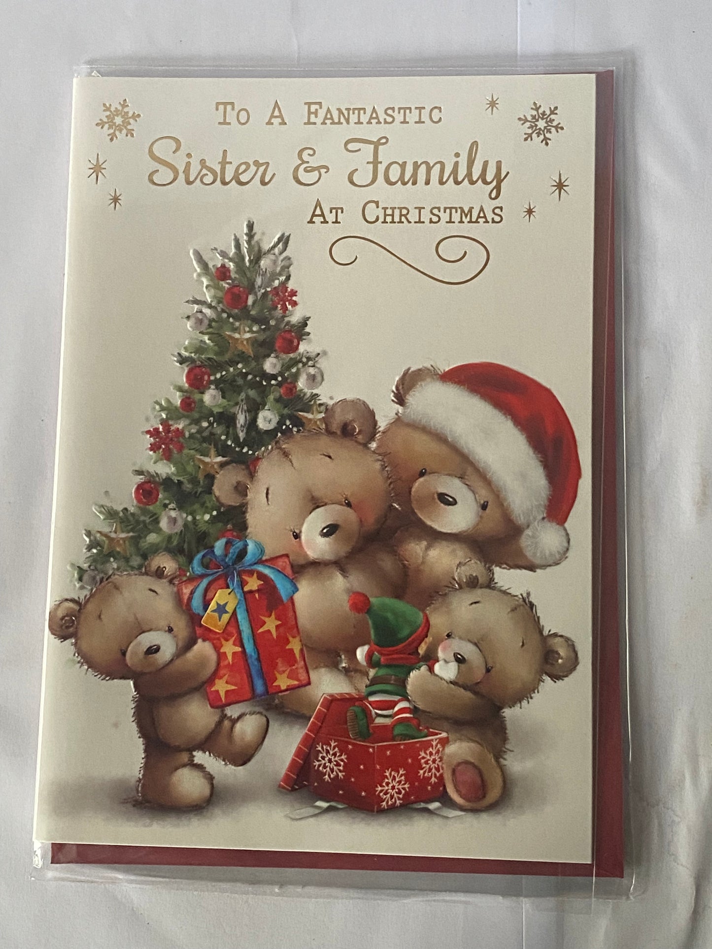 To A Fantastic Sister & Family At Christmas Card Teddy Family/Presents/Christmas Tree(VX107A)