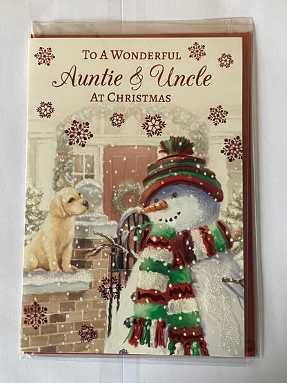 To A Wonderful Auntie & Uncle At Christmas Card Winter Scene/Snowman/Dog/Red Door(PH49181B)