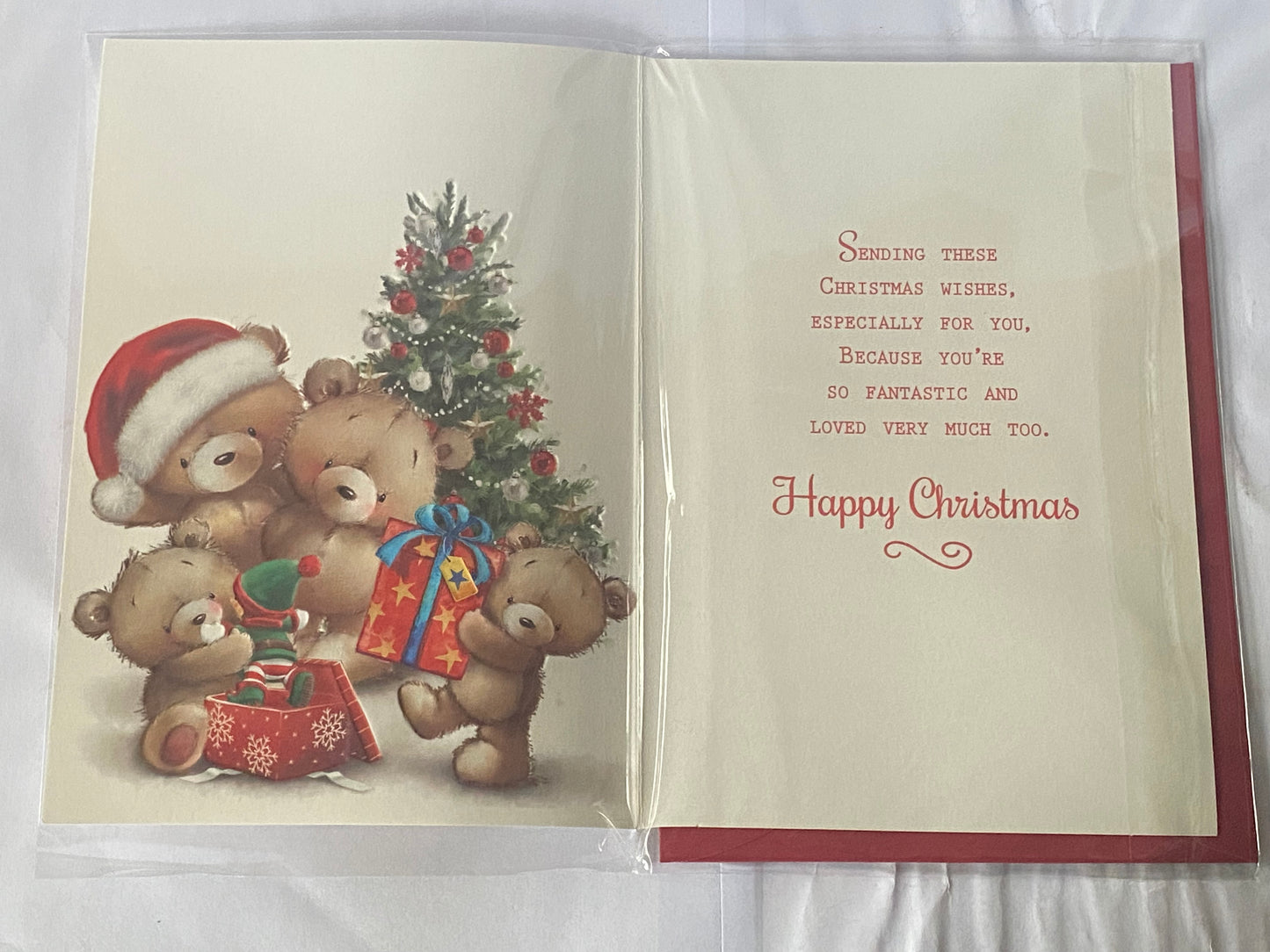 To A Fantastic Sister & Family At Christmas Card Teddy Family/Presents/Christmas Tree(VX107A)