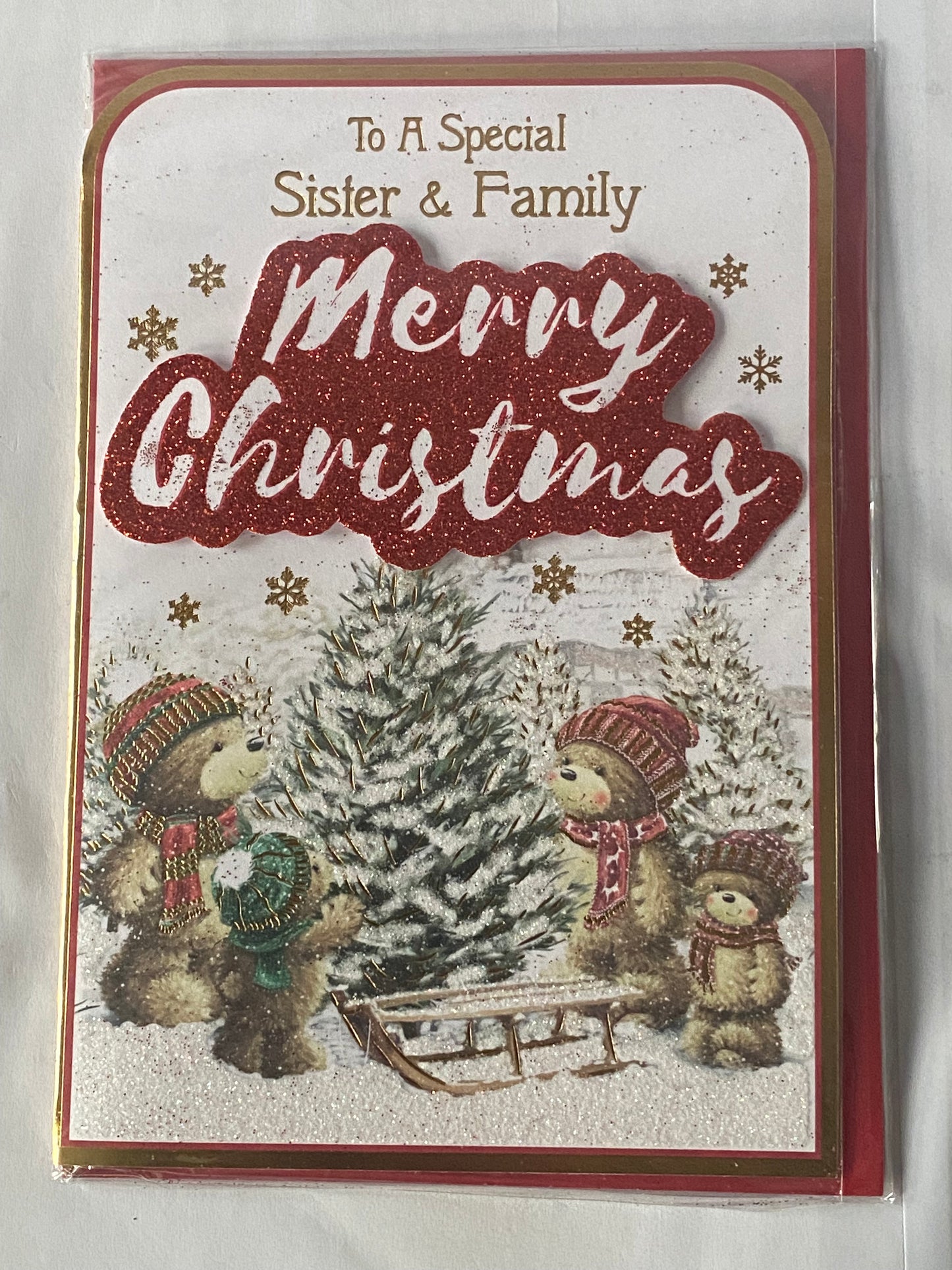 To A Special Sister & Family Merry Christmas Card Teddy Family/Sledge/Tree(PRELUDE42555)