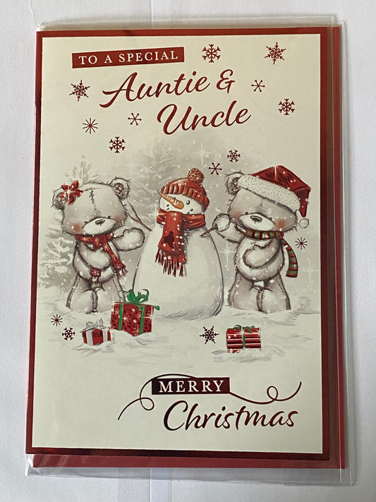 To A Special Auntie & Uncle Merry Christmas Card Teddies/Snowman/Presents(PH46354B)