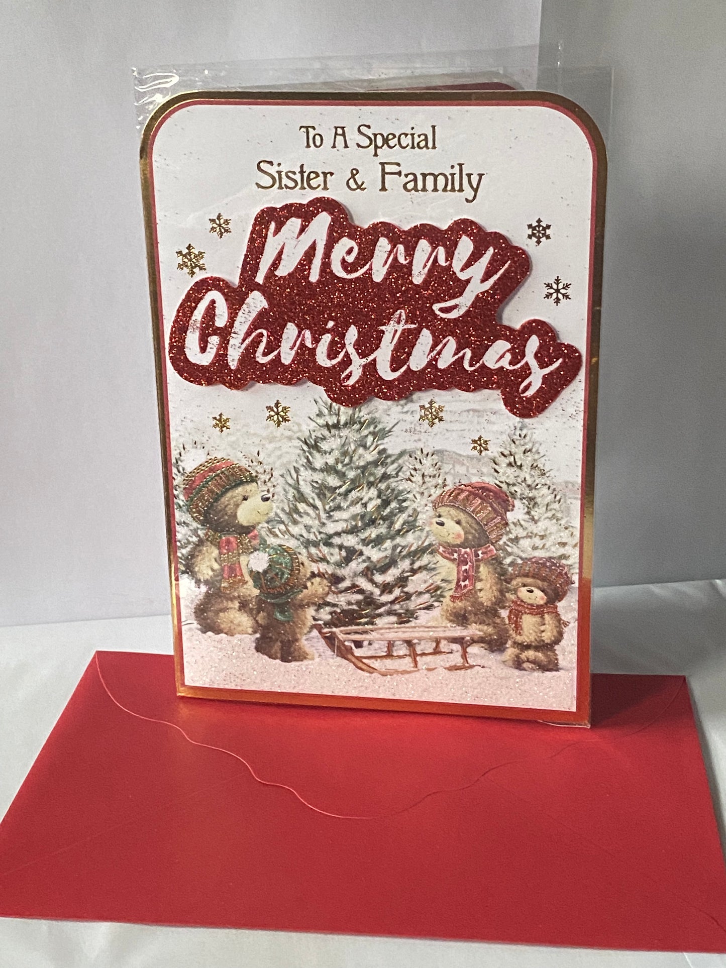 To A Special Sister & Family Merry Christmas Card Teddy Family/Sledge/Tree(PRELUDE42555)