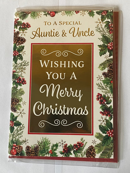 To A Special Auntie & Uncle Wishing You A Merry Christmas Card Gold/White Words/Pine Cones/Holly(NC-VX086B)