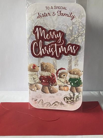 To A Special Sister & Family Merry Christmas Card Teddy Family/Lantern/Trees(PRELUDE45010)