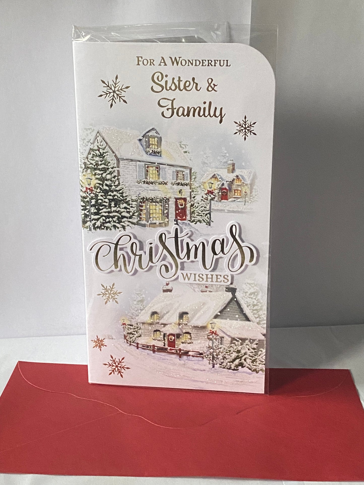 For A Sister & Family Christmas Wishes Christmas Card Winter Scene/Houses/Gold Words(PRELUDE46210)