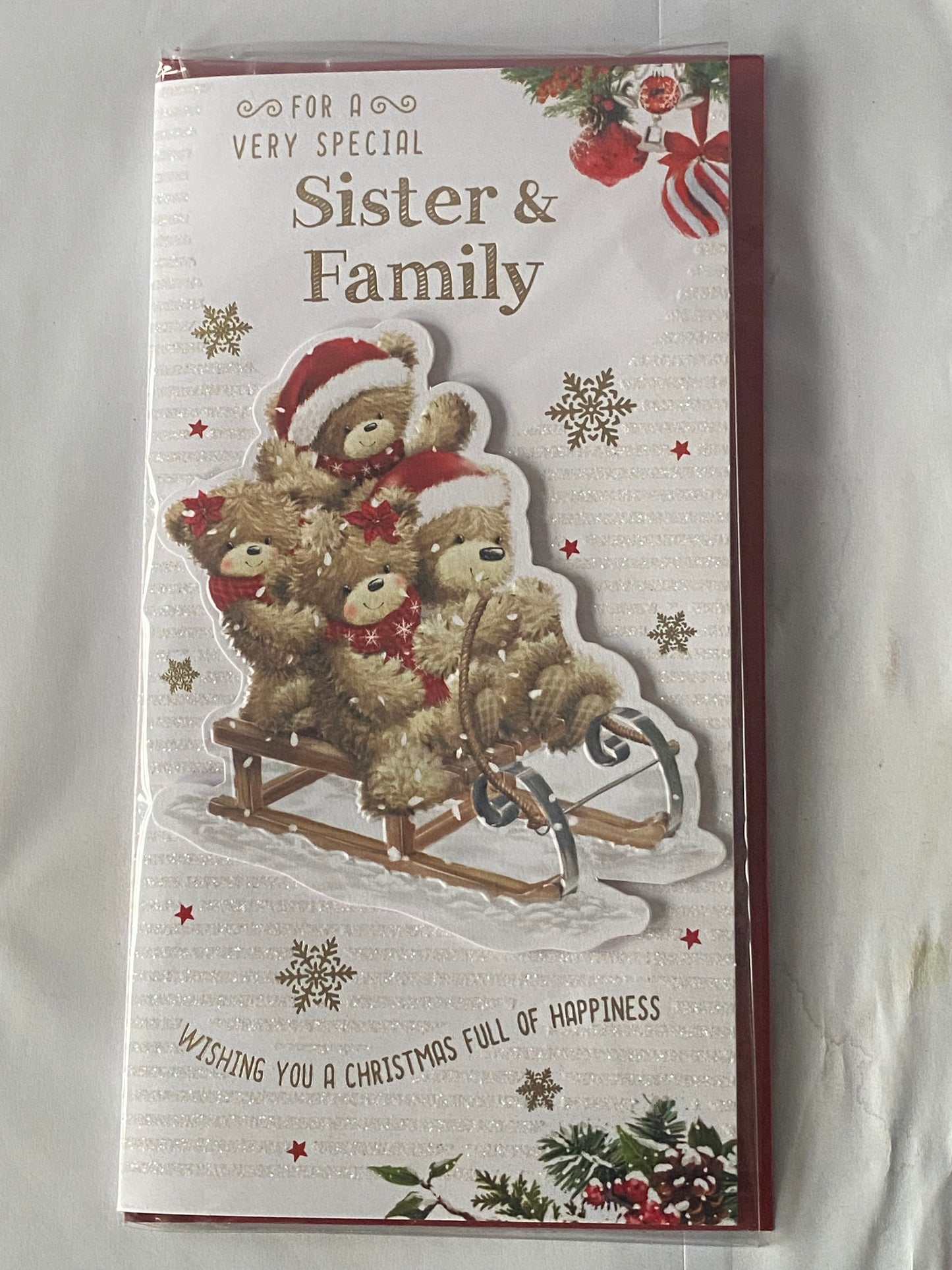 For A Very Special Sister & Family Christmas Card Teddy Family On Sledge(PRELUDE46225)