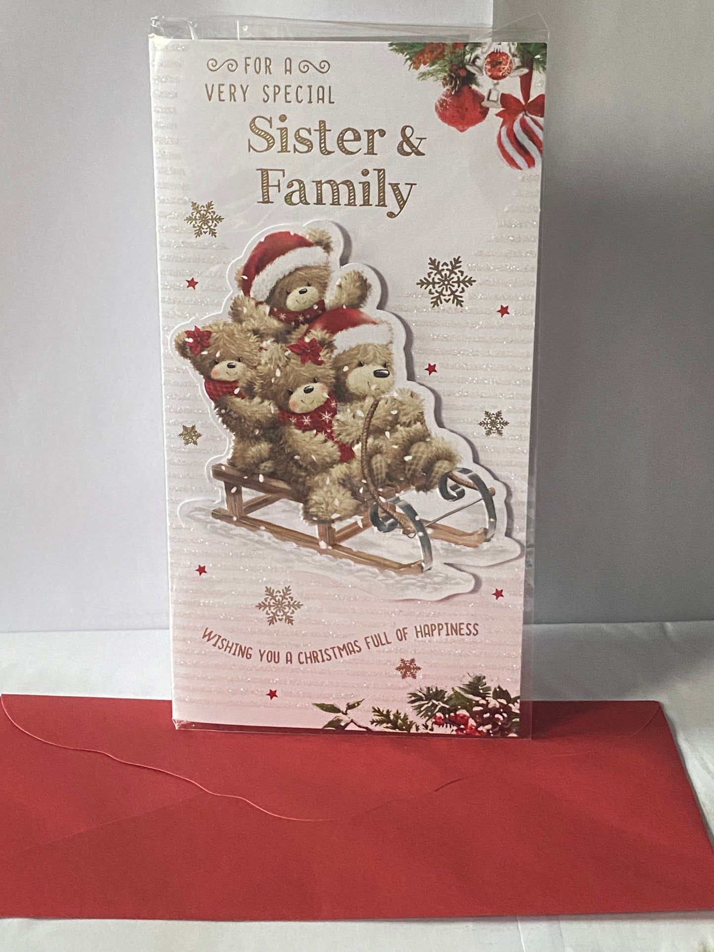 For A Very Special Sister & Family Christmas Card Teddy Family On Sledge(PRELUDE46225)