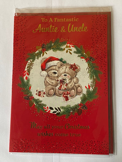 To A Fantastic Auntie & Uncle Christmas Card Red-Sitting Teddies/Presents(PH49203B)