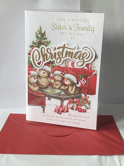 For A Special Sister & Family With Love At Christmas Card Teddy Family Playing Board Game/Red Sofa(PRELUDE46259)