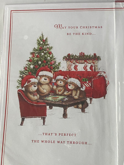 For A Special Sister & Family With Love At Christmas Card Teddy Family Playing Board Game/Red Sofa(PRELUDE46259)