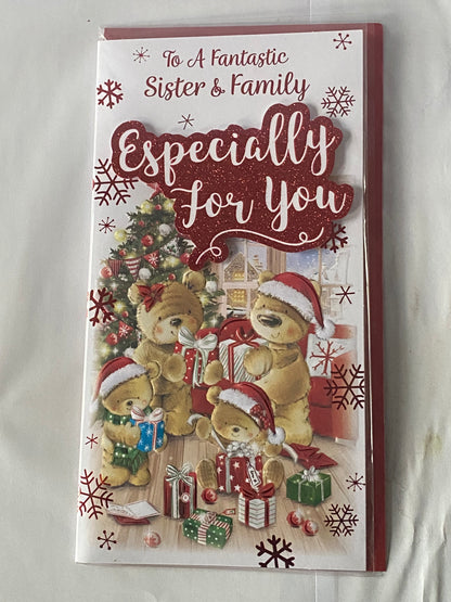 To A Fantastic Sister & Family Especially For You Christmas Card Teddy Family/Presents(PRELUDE46892)