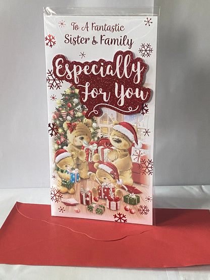 To A Fantastic Sister & Family Especially For You Christmas Card Teddy Family/Presents(PRELUDE46892)