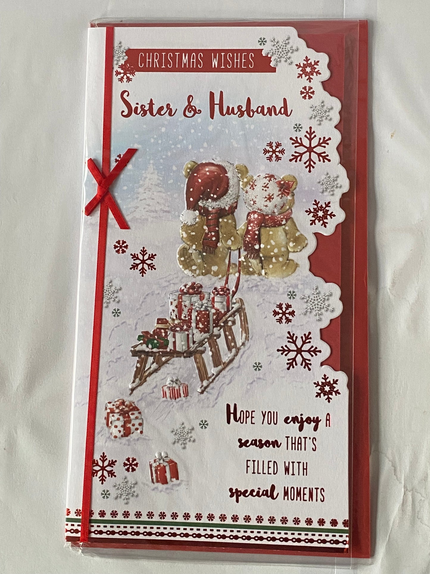 Christmas Wishes Sister & Husband Christmas Card Teddies/Sledge(PRELUDE42582)