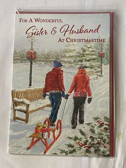 For A Wonderful Sister & Husband At Christmastime Christmas Card Couple Pulling Sledge/Bench(NC-VX010A)