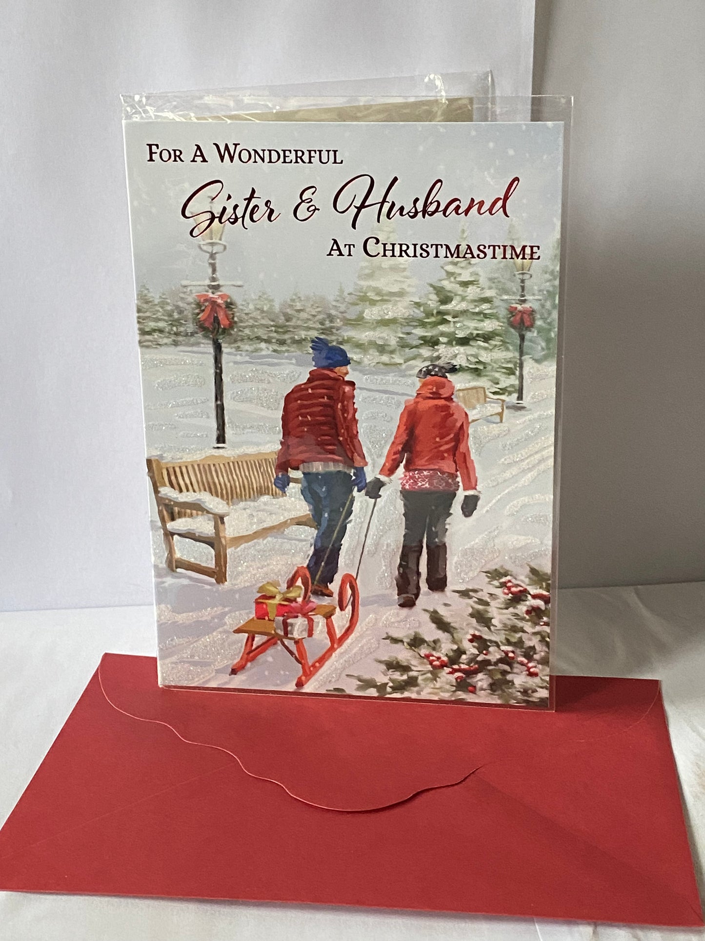 For A Wonderful Sister & Husband At Christmastime Christmas Card Couple Pulling Sledge/Bench(NC-VX010A)