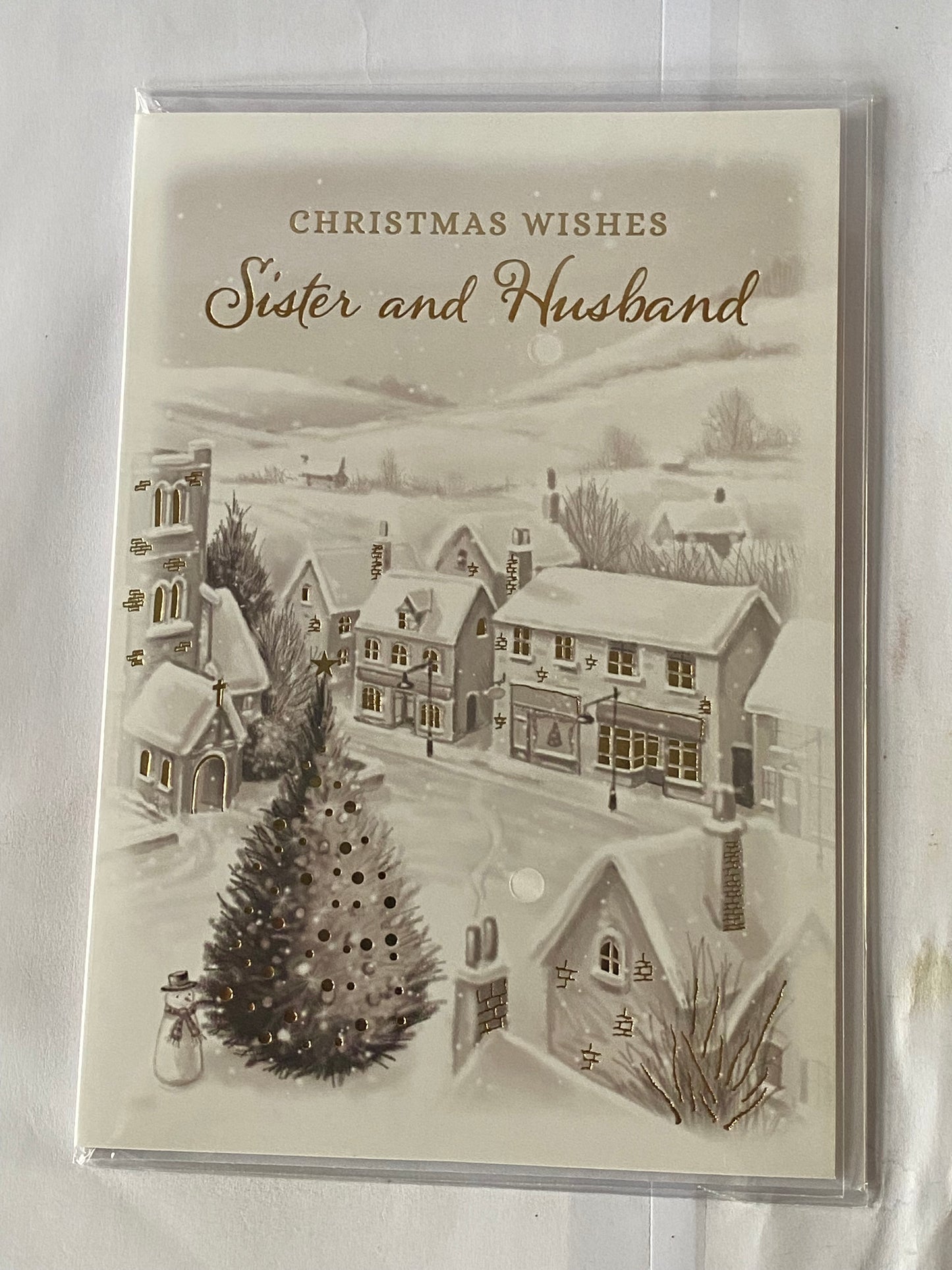 Christmas Wishes Sister And & Husband Christmas Card Grey/Gold-Small Tree/Winter Village(NC-VX005B)